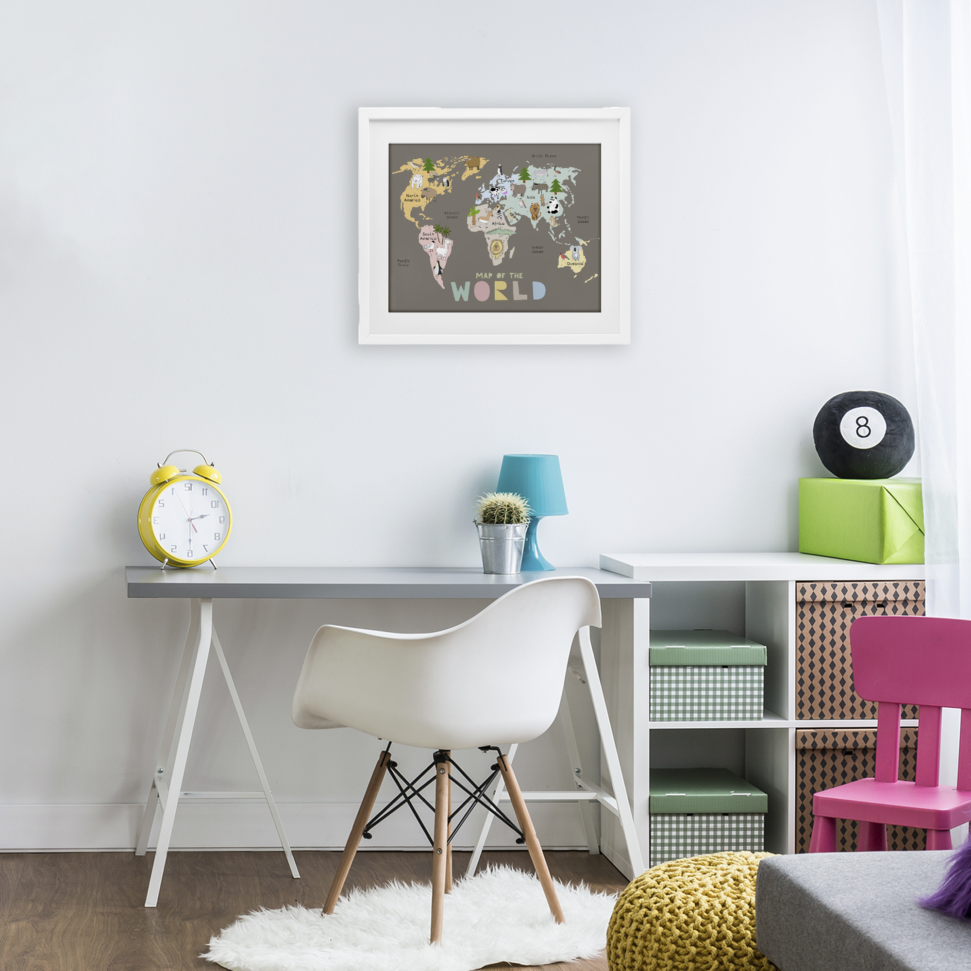 Kid's Map Of World Brown White Framed Print Under Glass, design by Carla Daly