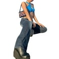 thumbnail image 3 of Okbabeha Women Denim Pants, High Waist Washed Wide Leg Jeans with Flap Pockets, 3 of 9
