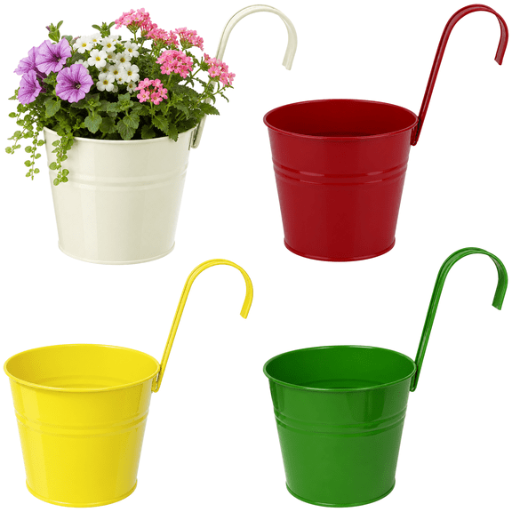 Metal Hanging Flower Planters, 4 Pcs Hanging Flower Pots with Drainage Hole & Detachable Hooks for Railing Fence Garden Deck Indoor Outdoor Decor