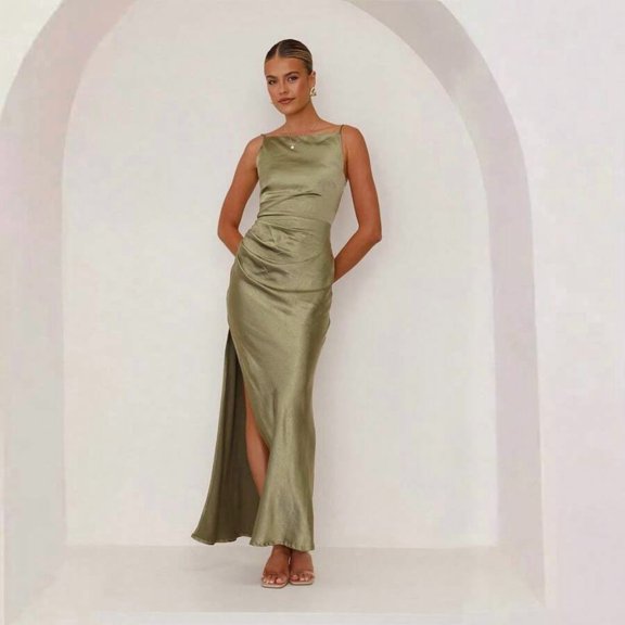 Olive Green Satin Slip Dress With Side Slit, Ruched Waist, Sleeveless Maxi Evening Gown