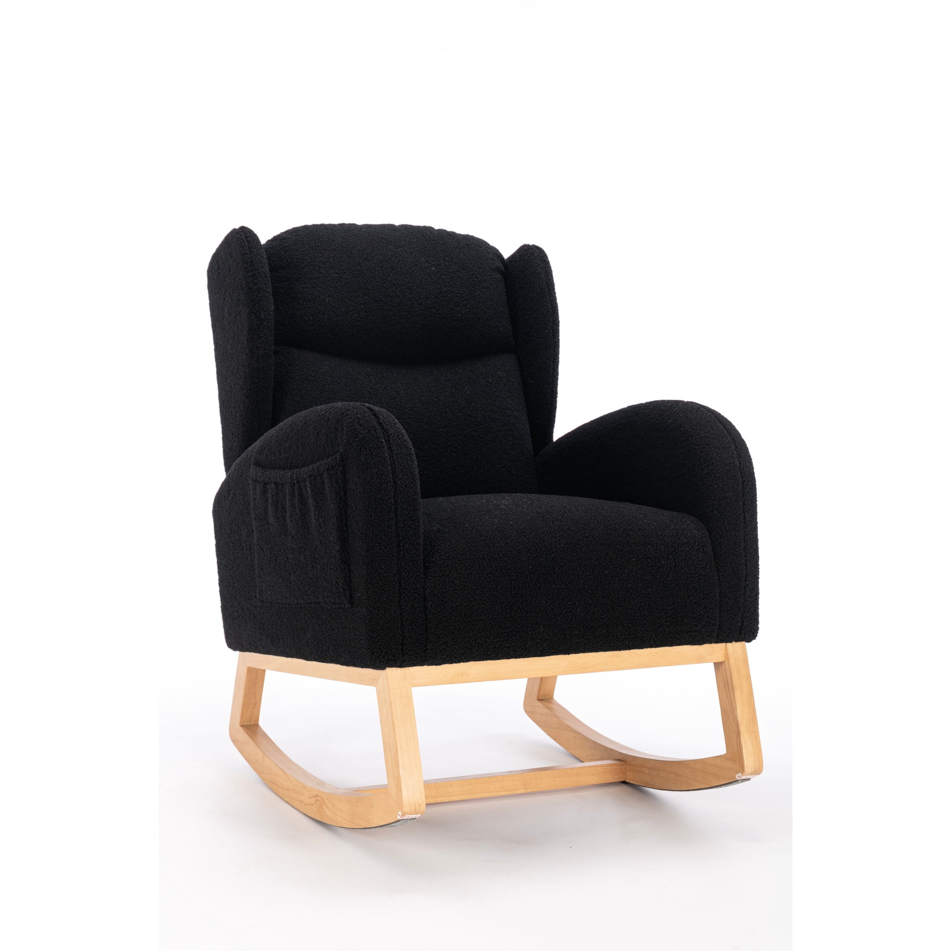 Simple Assembly Rocking Chair In Black Fabric For Living Area With And Wooden Frame