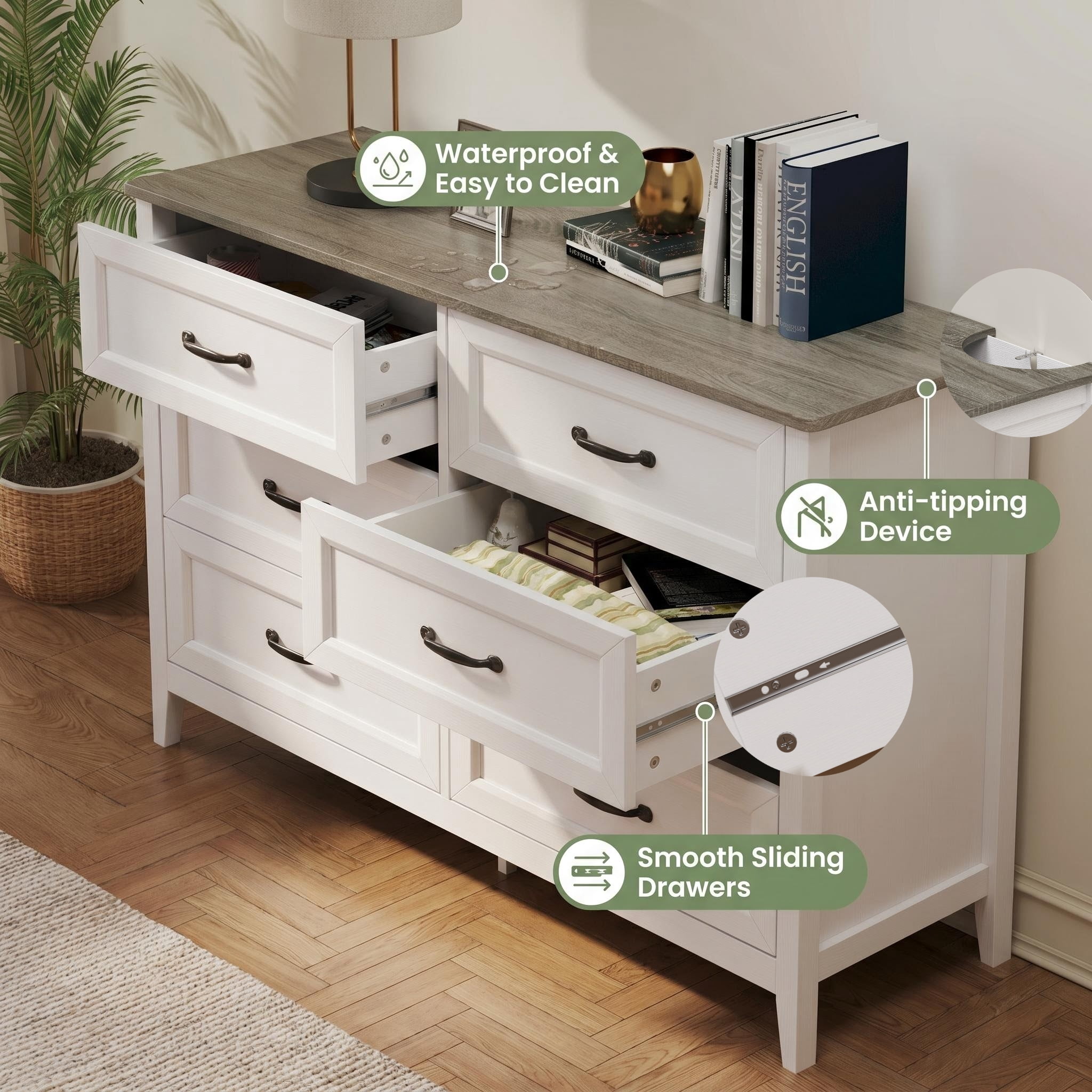 Lofka White Wooden 6 Drawer Dresser for Bedroom, Wide Storage Organizer Cabinet for Closet Living Room