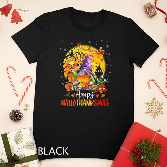 Womens Halloween Thanksgiving Christmas Happy HalloThanksMas Gnomes T-shirt