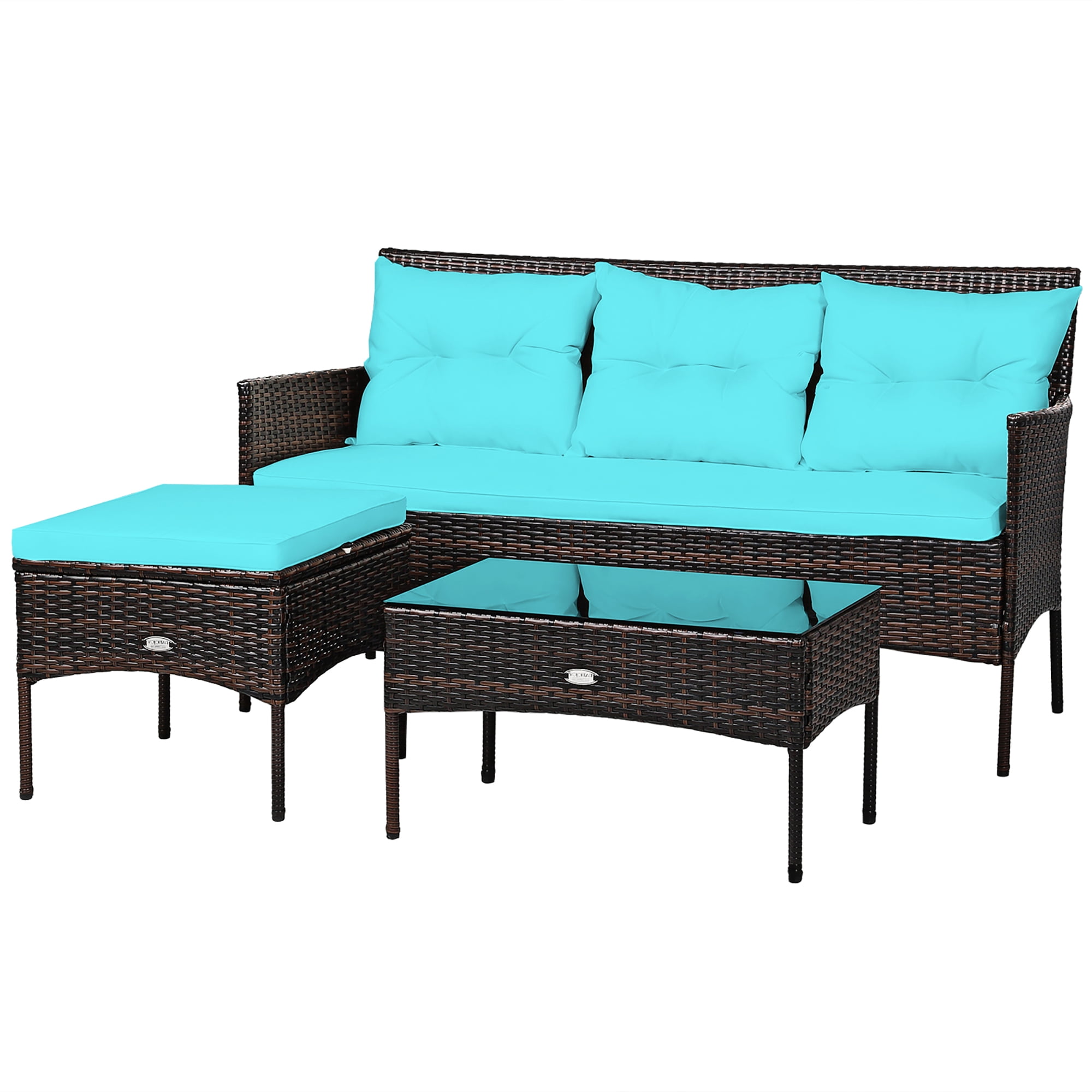 Gymax 3PCS Patio Rattan Sectional Conversation Furniture Set w/ Turqouise Cushions