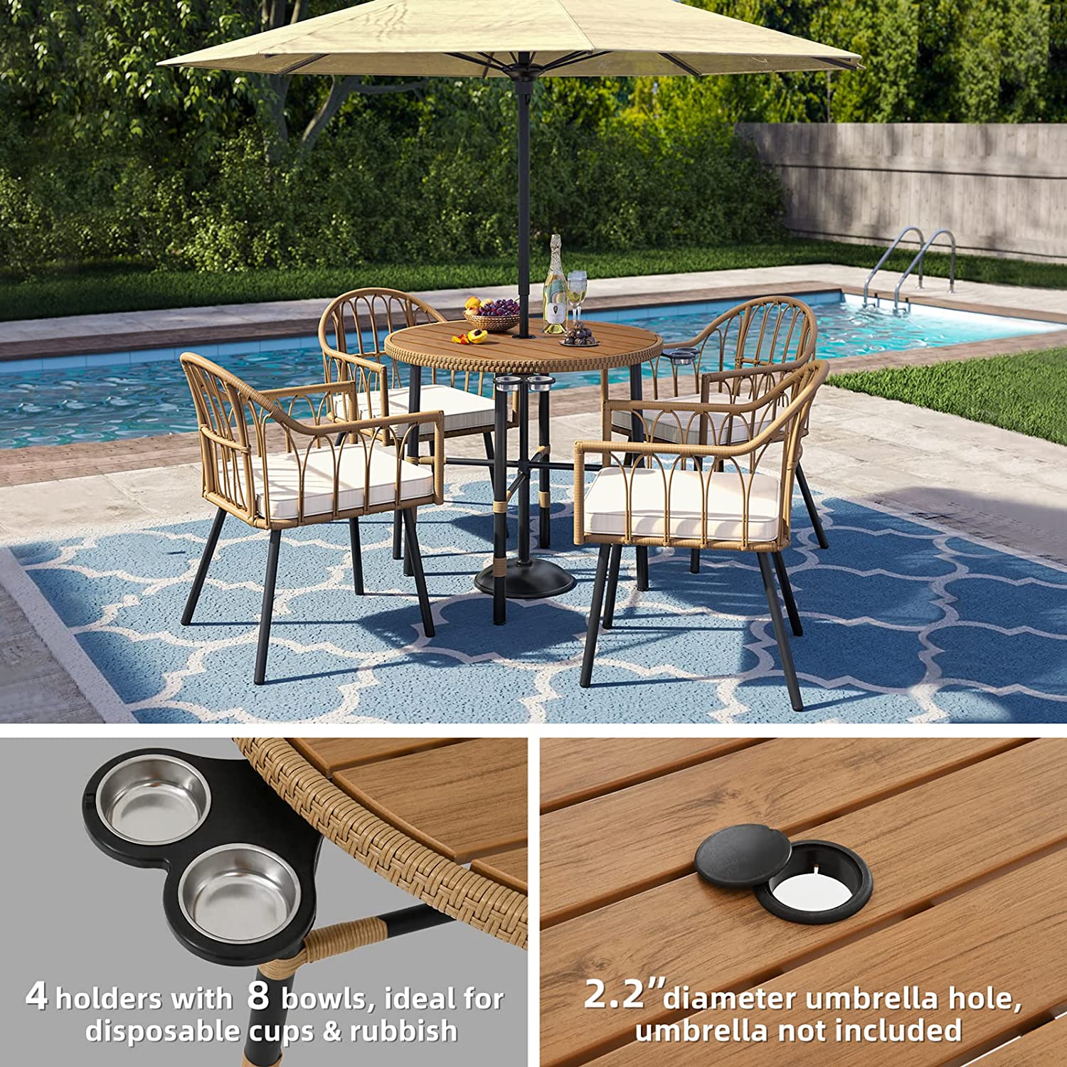 Dextrus 5 pieces Outdoor Patio Dining Table Set, 4 Rattan Wicker Dining Chair and Round Table With Umbrella Hole, Sectional Conversation Set for Backyard, Balcony, Garden, Lawn - image 3 of 9