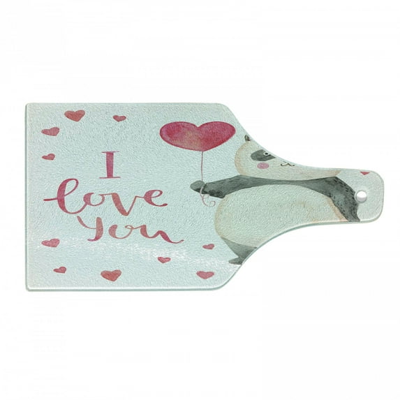 I Love You Cutting Board, Panda Bear Holding a Balloon Hearts Playroom Watercolor Art, Decorative Tempered Glass Cutting and Serving Board, Wine Bottle Shape, Dark Coral Ivory Grey, by Ambesonne