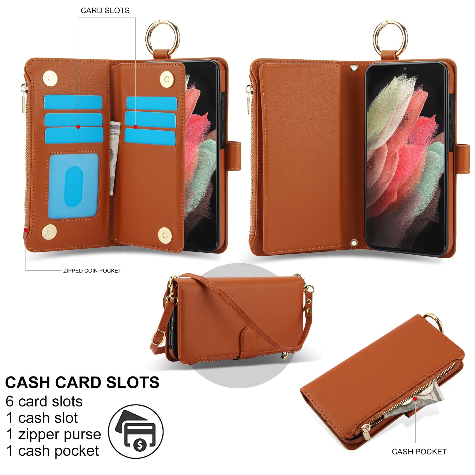 ELEHOLD For Samsung Galaxy S21 Ultra Phone Case Leather Crossbody Zipper Card Wallet Flip Case Kickstand Cover, with Ring Holder,Full Body Protection-Brown