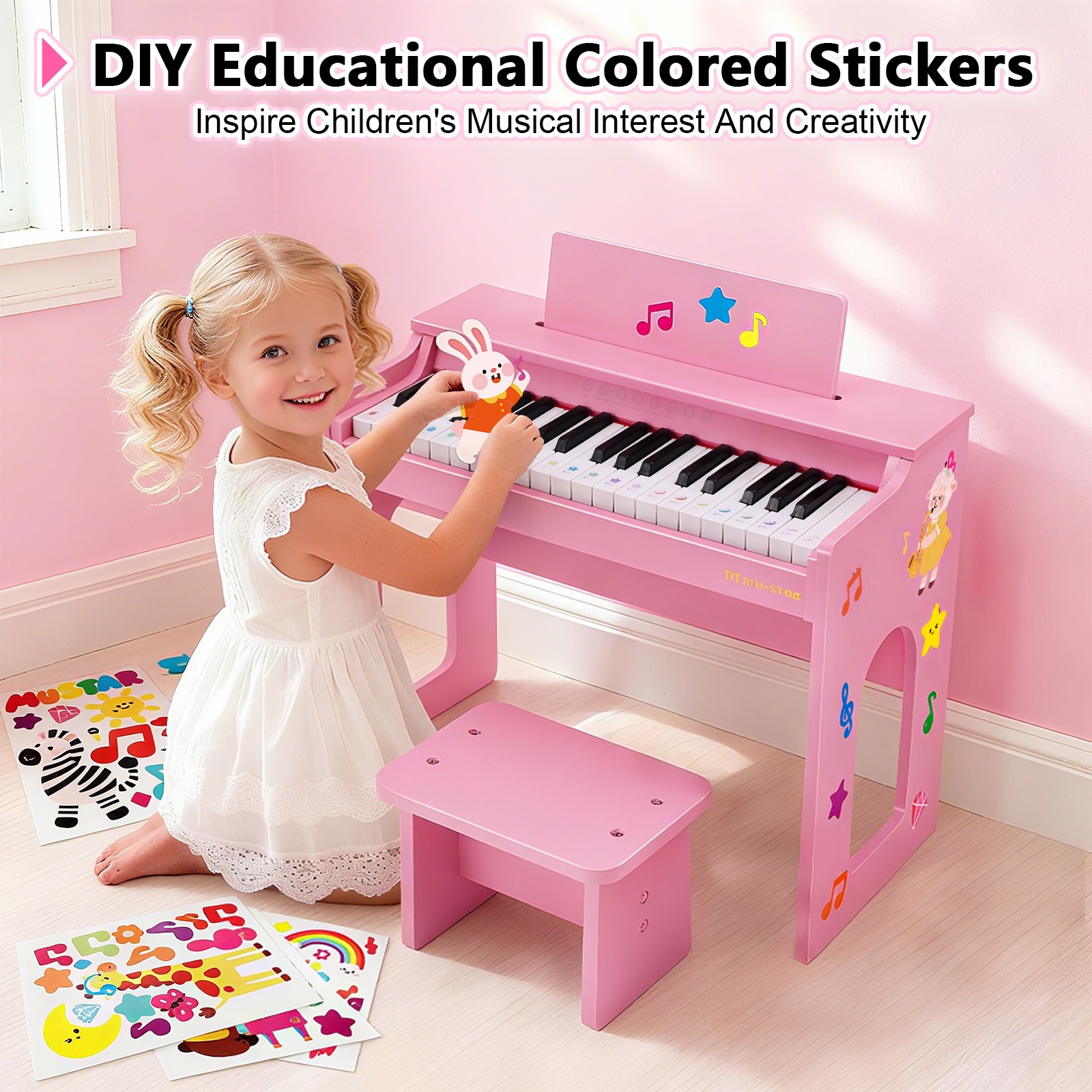 Pink 37Keys Kids Digital Piano Keyboards Wooden Toys Toddler Gifts for Music Education w/Bench,Stickers
