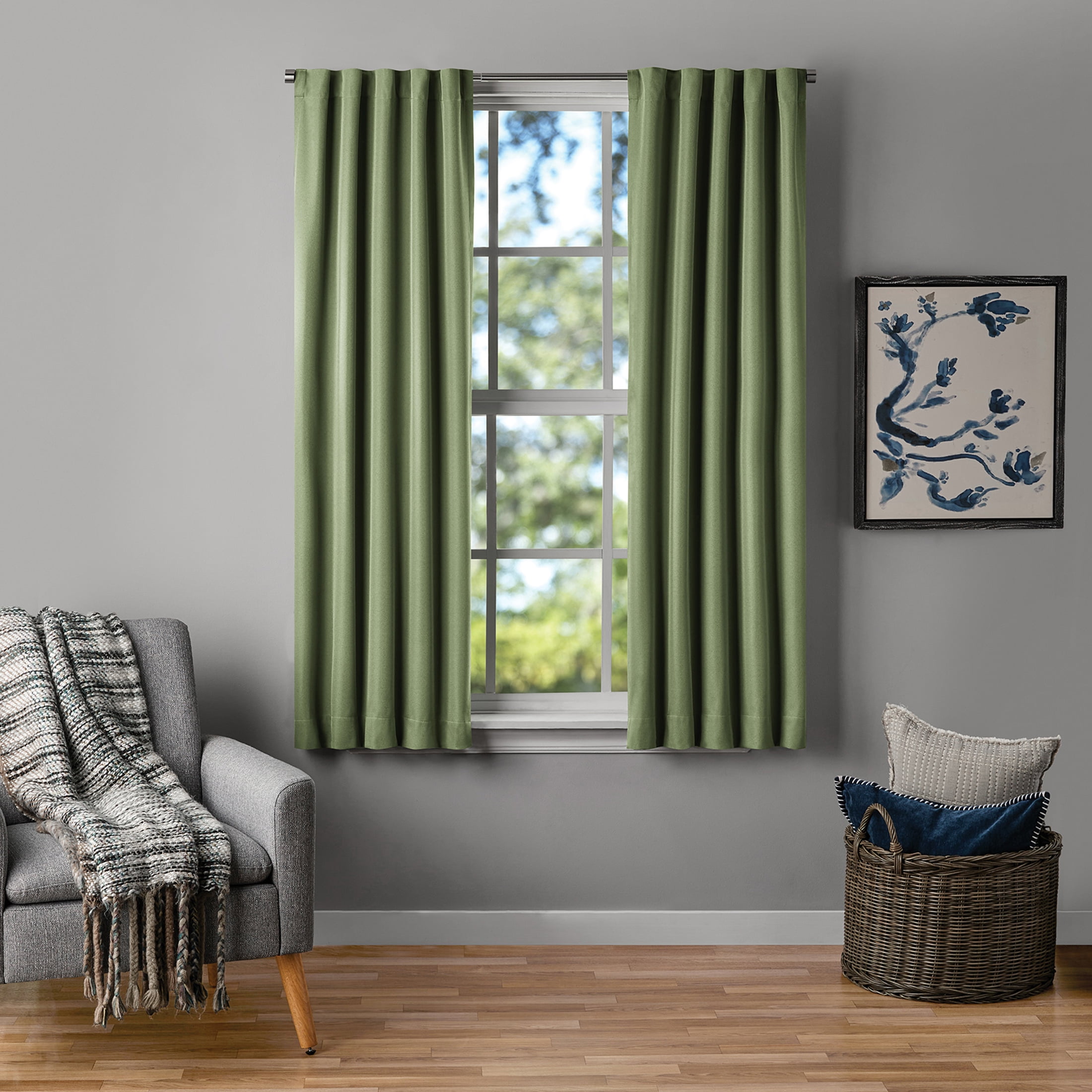 Mainstays Green Solid Blackout Rod Pocket with Back Tabs Curtain Panel Pair, Set of 2, 30" W x 63" L