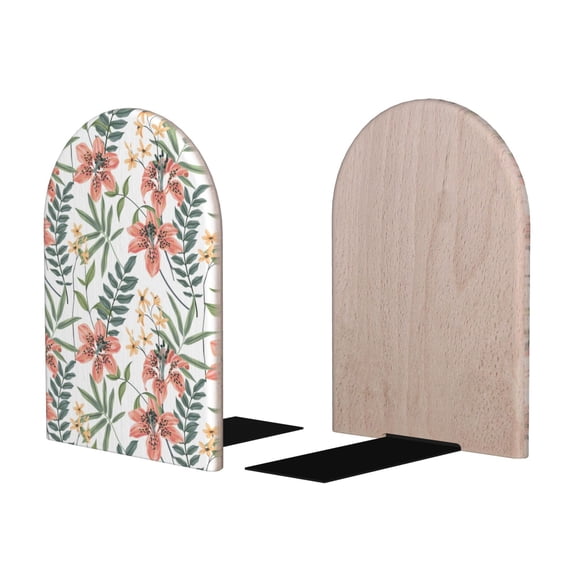 Picia Lilies Flowers Pattern Wood Bookends for Shelves,Non-slip Bookends, Heavy Duty Wooden Bookend Support,1 Pair