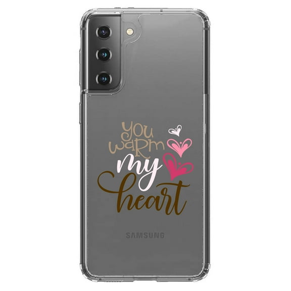 DistinctInk Clear Shockproof Hybrid Case for Galaxy S21  PLUS 5G (6.7" Screen) - TPU Bumper Acrylic Back Tempered Glass Screen Protector - You Warm My Heart - Coffee