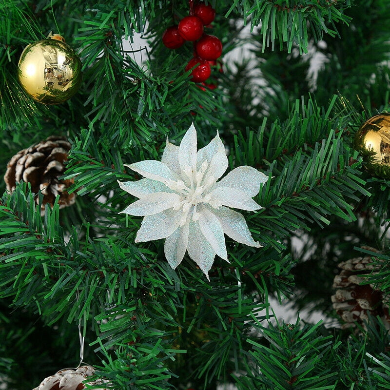 10 Pcs Glitter Christmas Flowers with Artificial Poinsettia Flower