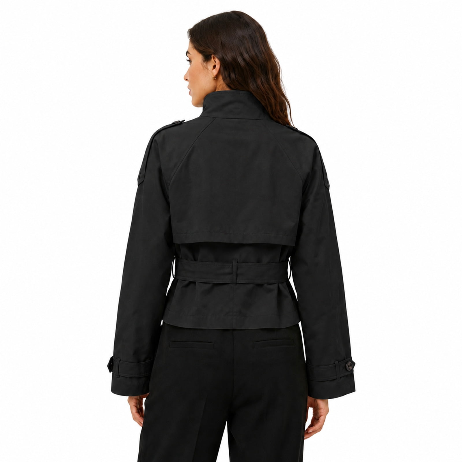 Wrongduck Women's Cropped Trench Coat Double Breasted Jacket with Belt, High Collar Lightweight Wrinkle Resistant Short Coat for Spring Fall