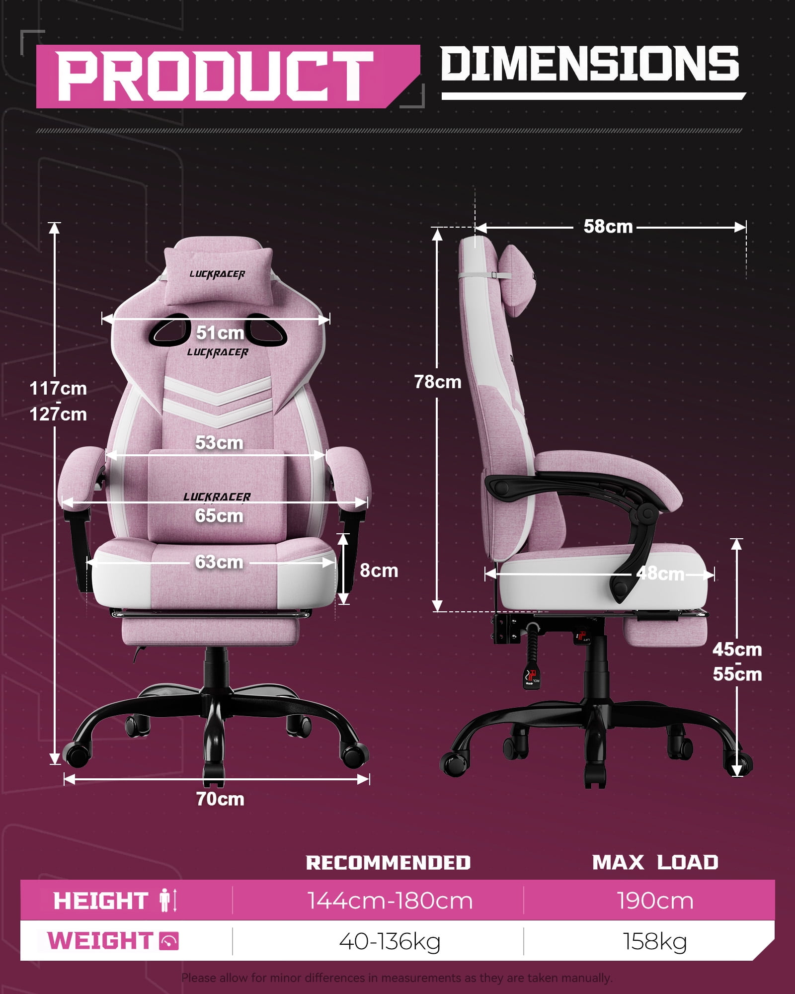 LUCKRACING Fabric PC Gaming Chair with Footrest and Lumbar Support, Pink