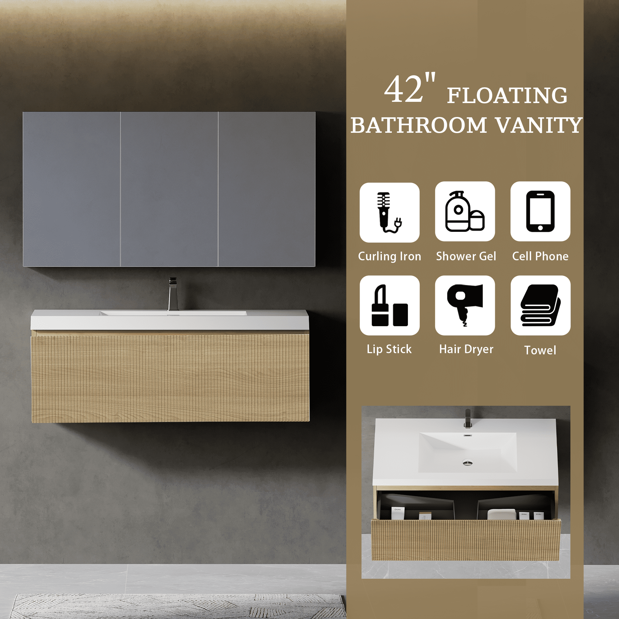 Yoneston 42" Floating Bathroom Vanity, Modern Wood Wall-Mounted Striped Bathroom Storage Cabinet with Soft Close Drawer and Glossy White Solid Surface Basin, Natural