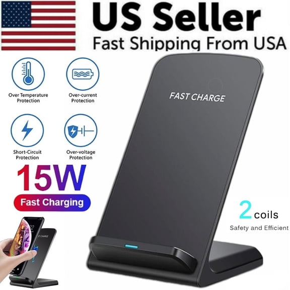 XUPIX Wireless Charger Stand Fast Charging 15W Qi Charging Pad Dock for iPhone Samsung Galaxy Phone Charging Stand Dual Coil Wireless Charger for Android iOS Devices