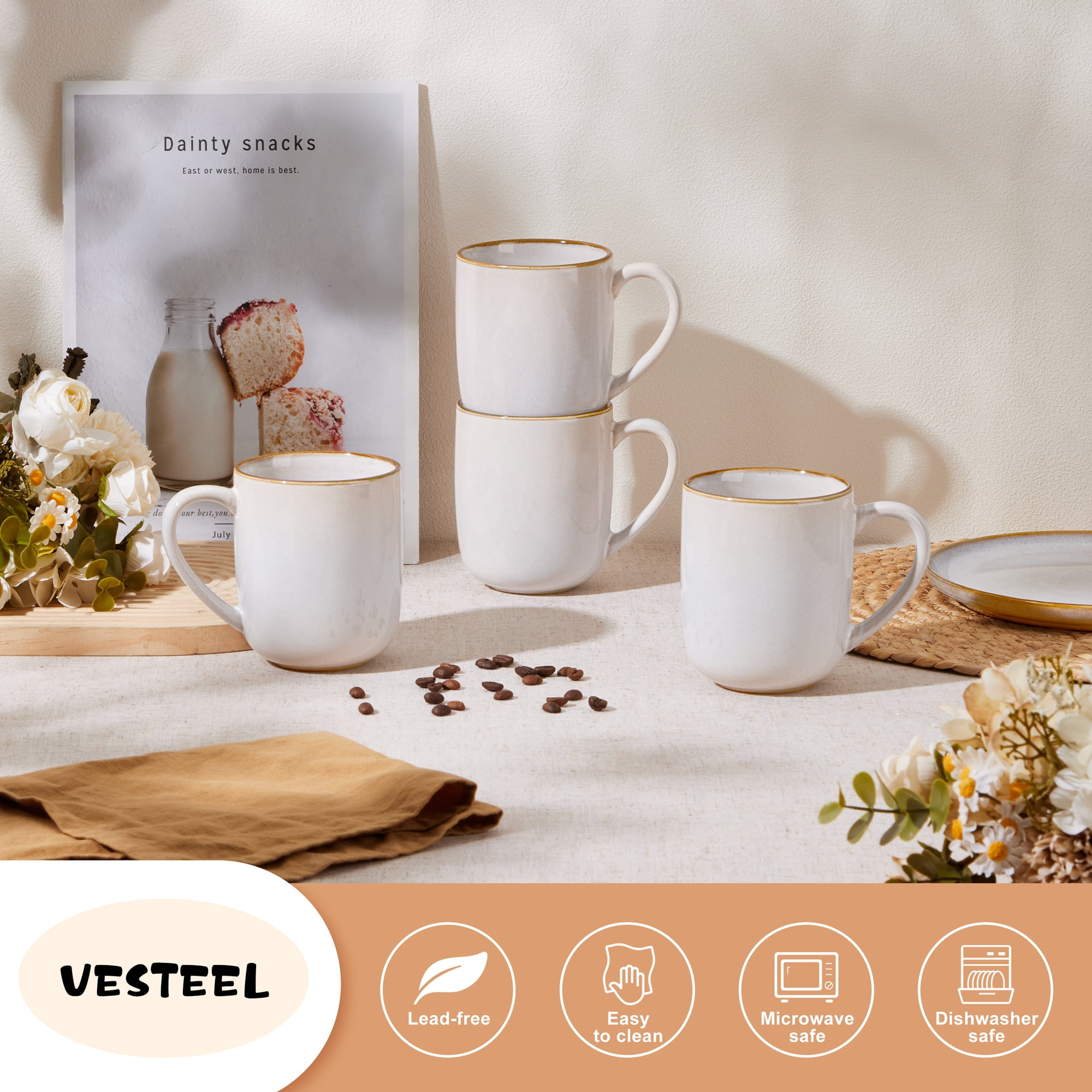 Vesteel Stoneware Coffee Mug Set, 14oz Ceramic Mugs with Handle, Seashell  White, Dishwasher Safe - Walmart.com