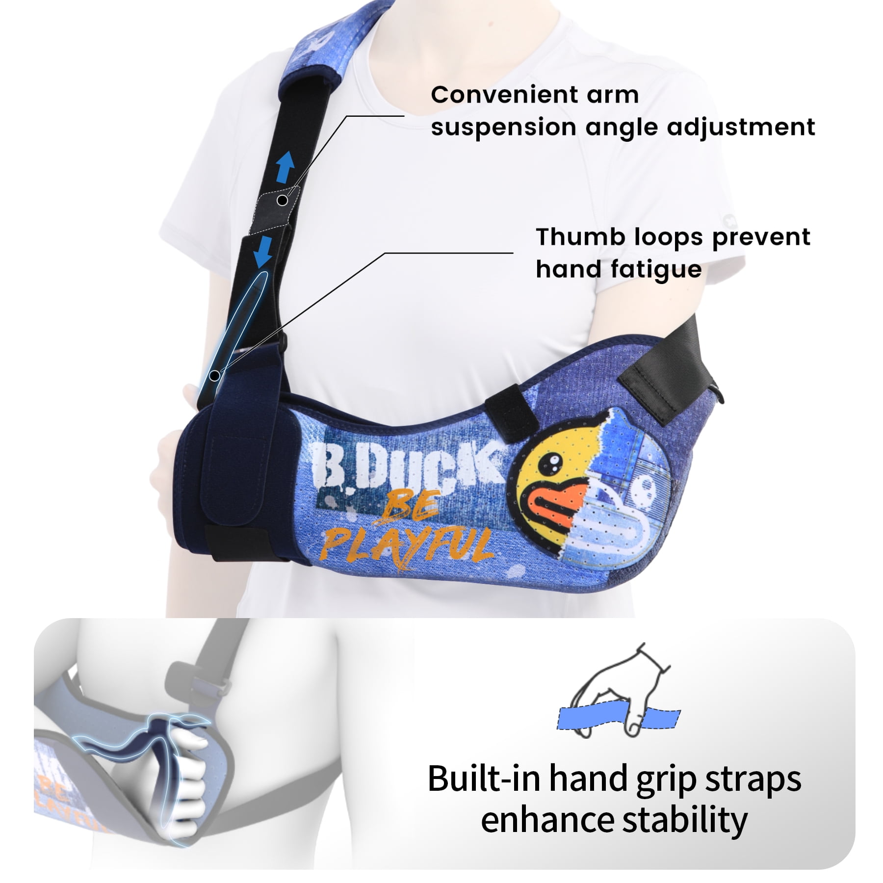 Velpeau Arm Sling with Waist Strap -Sponge Filled Holder Support Brace for Shoulder, Rotator Cuff, Elbow, Hand injury (Comfort-Duck Print, Left, L)