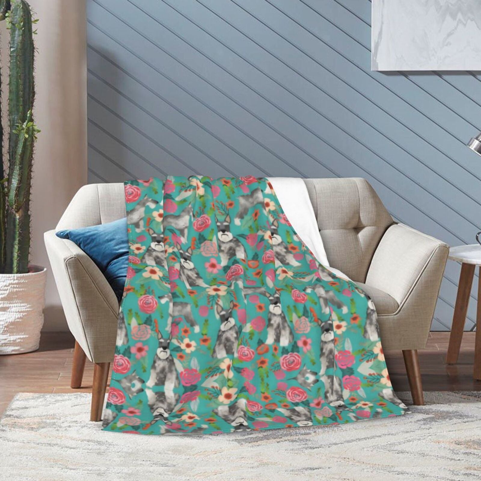 Wijzvio Schnauzer Dogs Lovers Flower Floral Throw Blanket Soft Fuzzy Fleece Blanket For Couch Bed Living Room Decoration 60"X50"