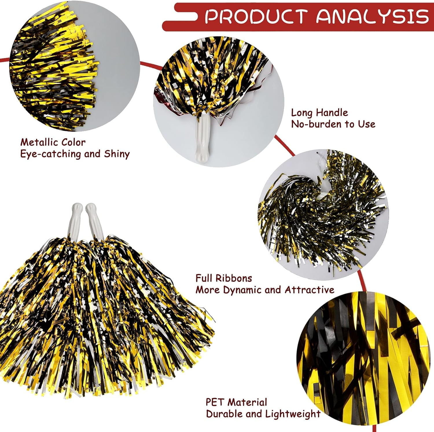 12 Pack Cheerleading Pom Poms with Baton Handle, Metallic Foil Pom Poms Hand Flowers Cheerleader Pompoms for Sports Cheers Ball Dance Fancy Dress Night Party (Black/Gold)