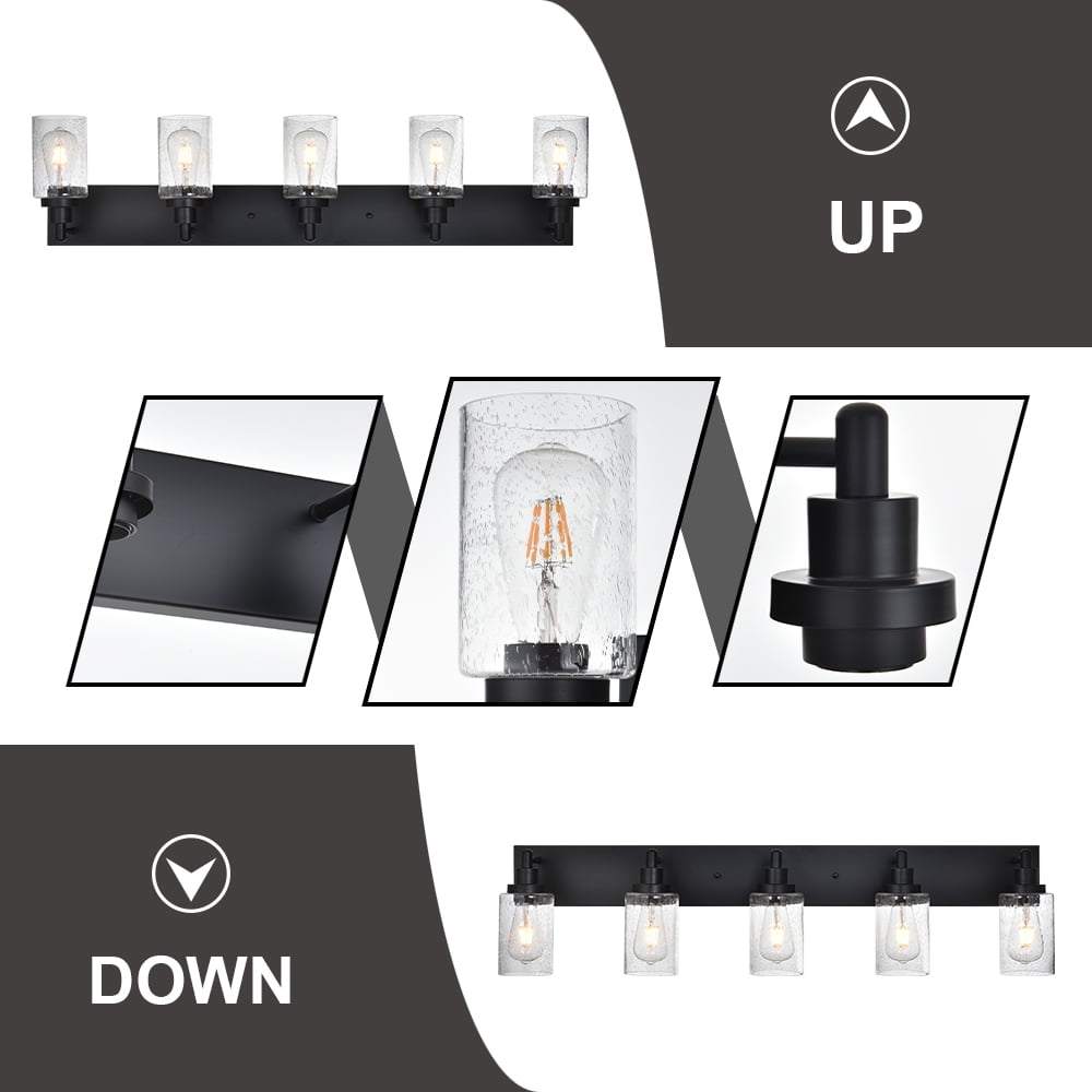 MELUCEE 5-Light Farmhouse Bathroom Light Fixtures Black Finish with Seeded Glass Shade