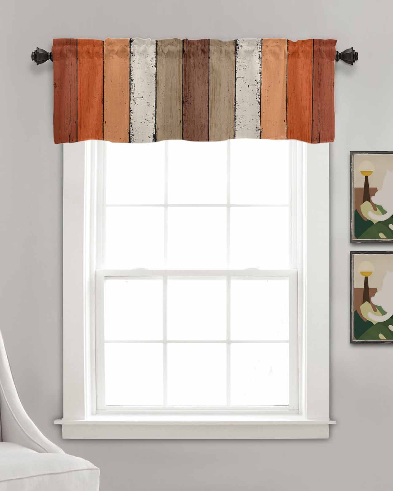 Burnt Orange Kitchen Valances for Windows Farmhouse Linen Window Valance Curtain for Living Room Window Treatment Farmhouse Wood Grain Brown Vertical Striped Valance Rod Pocket Topper, 60 x 18 Inch