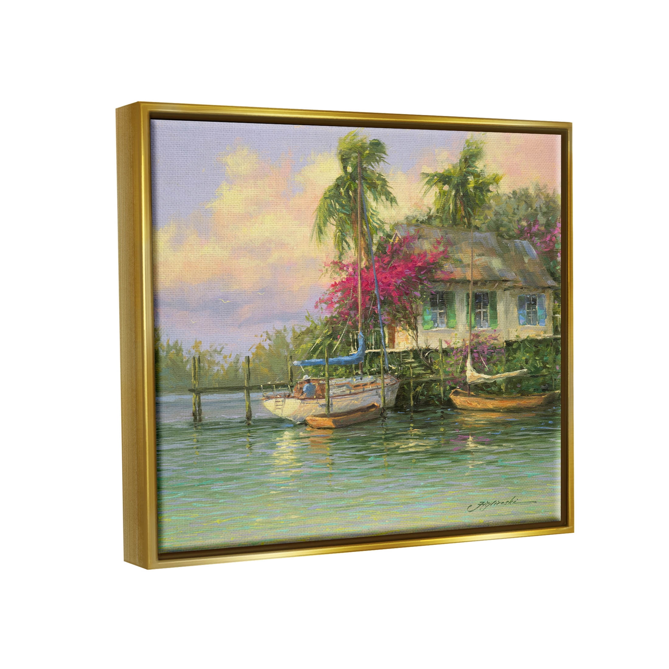 Tropical Vacation Seaside House Landscape Painting Metallic Gold Framed Art Print Wall Art