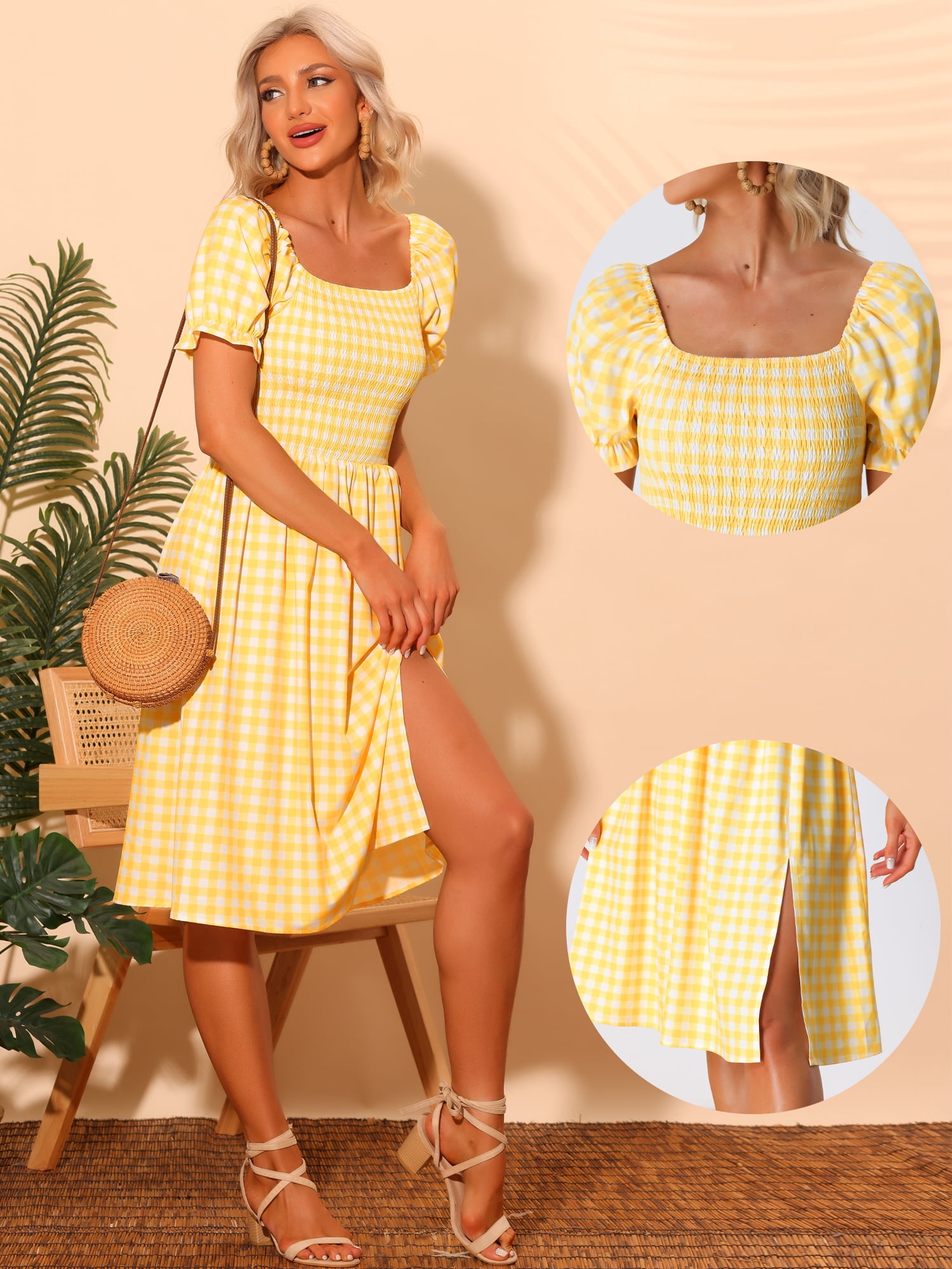 Unique Bargains Women's Gingham Short Sleeve Casual Plaid Smocked Dress S Yellow