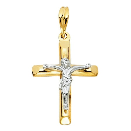 White Jesus Crucifix - 1 inch 14k Solid Two Gold Gold White & Yellow Cross Pendant Crucifix Jesus Religious No Chain Necklace