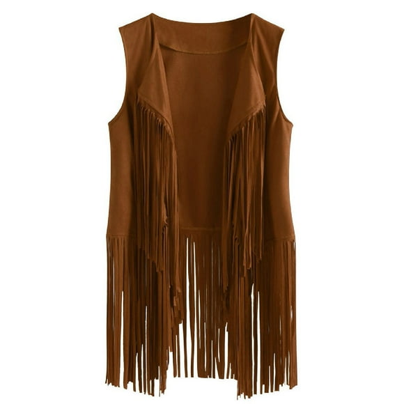jsaierl Women Faux Suede Fringe Vest 70s Hippie Clothes Open Front Sleeveless Tassel Cardigan Waistcoat Jacket Outwear Tops