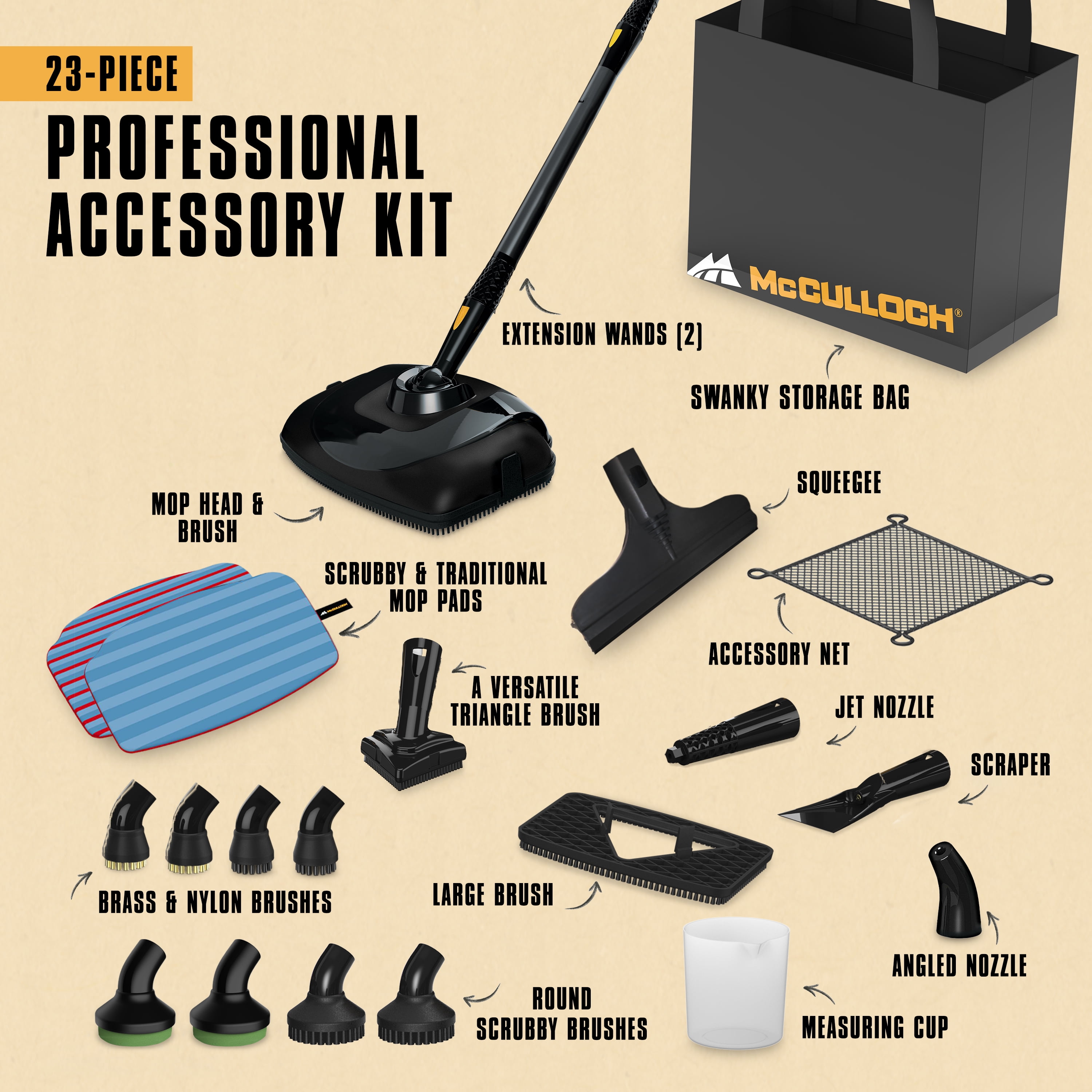 McCulloch MC1385 Deluxe Canister Steam Cleaner, 2-Hour Runtime, Chemical-Free, 23 Accessories: Mop Head, Brushes & More
