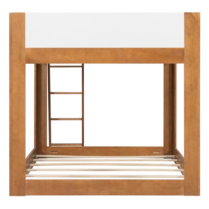 Full-Over-Full Low-Profile Bunk Bed with Guardrails, Wooden Kids Bed with Reversible Ladder, Accent Two-Tone Bed Frame