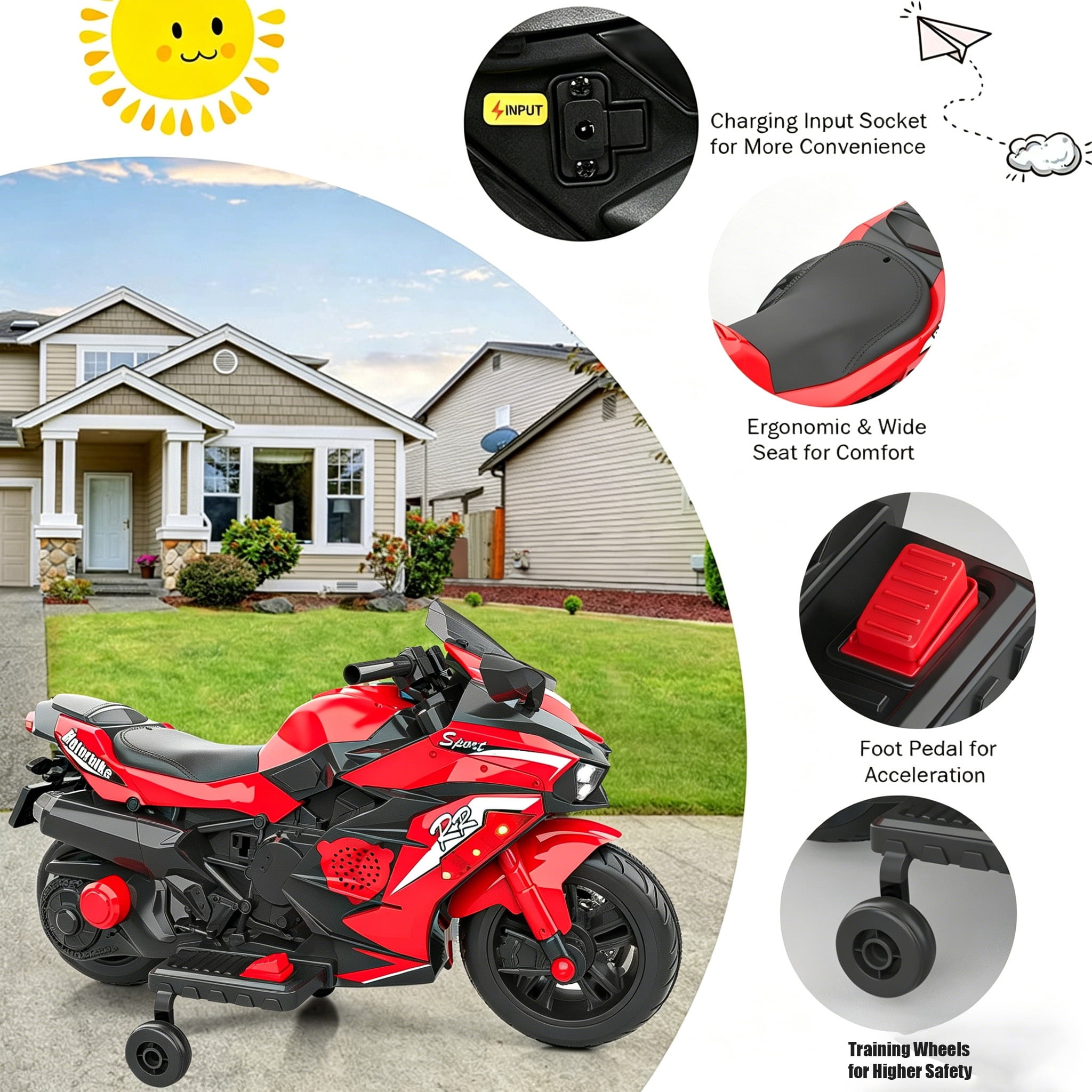 Zogymoz 12V Ride on Motorcycle for Kids, Ride on Toys for Gifts, Electric Motorbike with LED Tire and Bluetooth Music