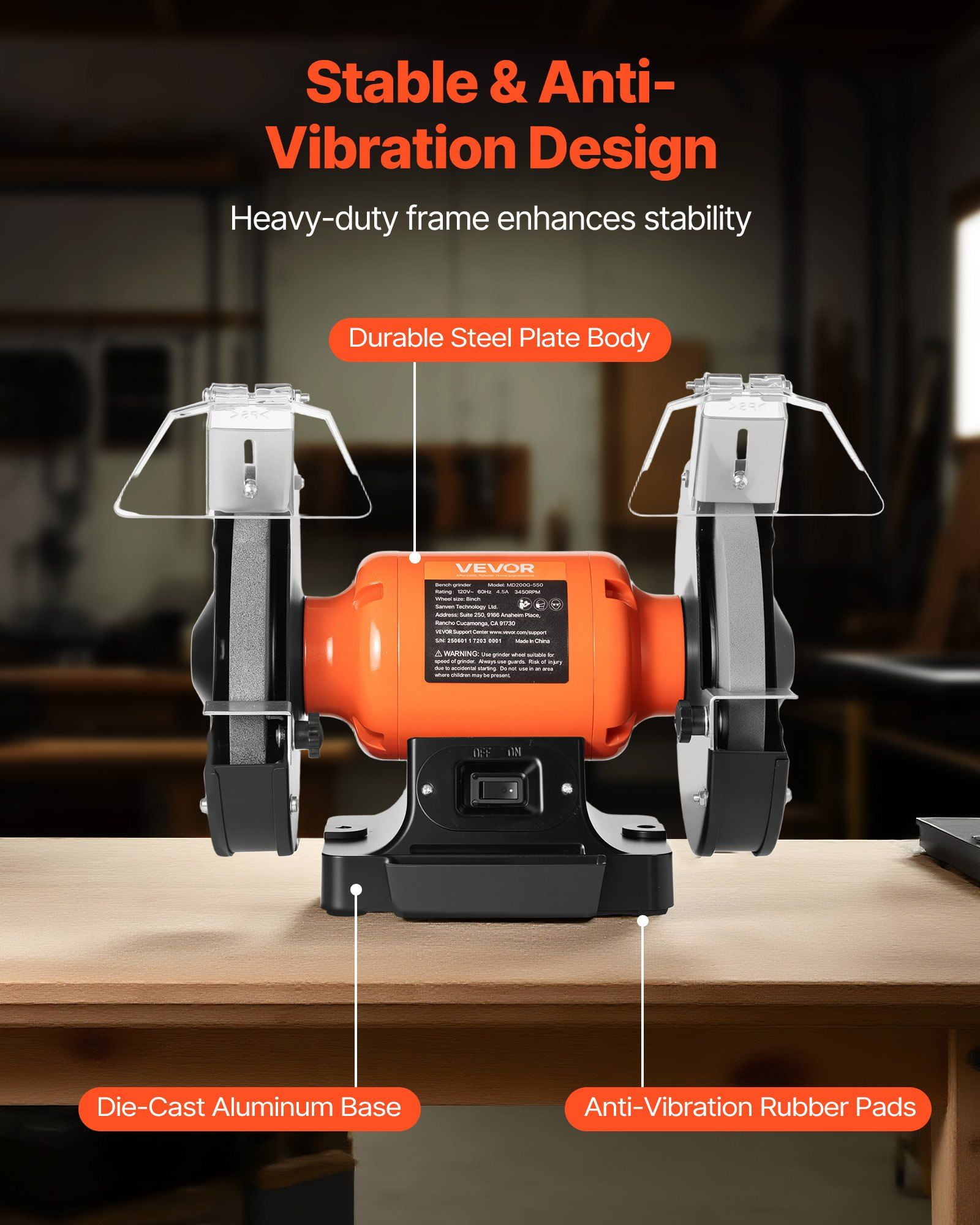 8 Inch Bench Grinder 3450RPM 550W Induction Motor with 36 60 Grit Grinding Wheel Adjustable Eye Shield for Fast Sharpening Grinding