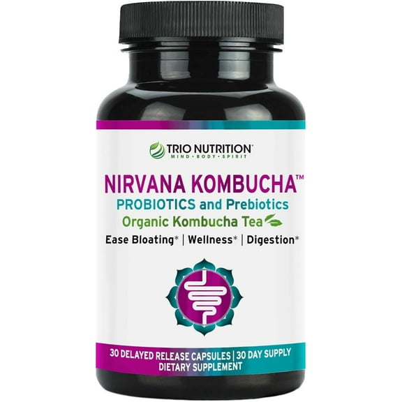 Trio Nutrition Nirvana Kombucha | Billions of Multi-Strain Probiotics, Prebiotic & Organic Kombucha Tea | Eases Bloating, Digestive & Immune Support for Men & Women | Supports PH Balance*