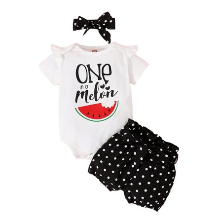 

KIMI BEAR Infant Girls Outfits 18 Months Infant Girl Spring Summer Outfits 24 Months Infant Girl One Letter Prints Cozy Short Sleevle Romper + Polka Dot Prints Shorts + Headband 3PCS Set Black