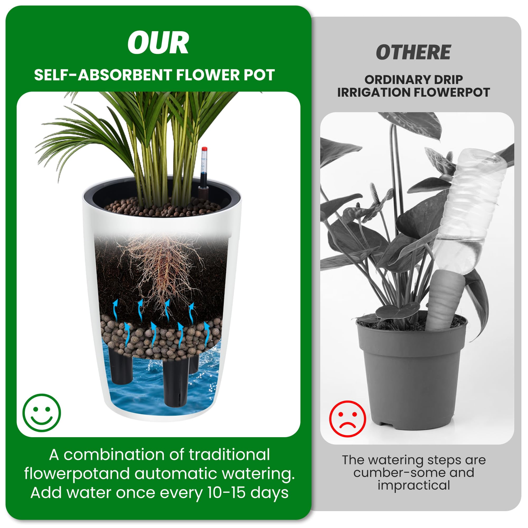 Memoryfield 16" Tall Self-Watering Planter Set 2, Large Plastic Flower Pots with Water Level Gauge, Drainage & Built-in Handle for Indoor Outdoor, White