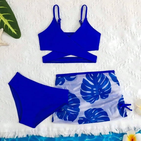 Swimsuit for Girls Girl's Stylish Printed Three Piece Swimsuits Set Toddler Girl Bathing Suit Blue 3-4 Years