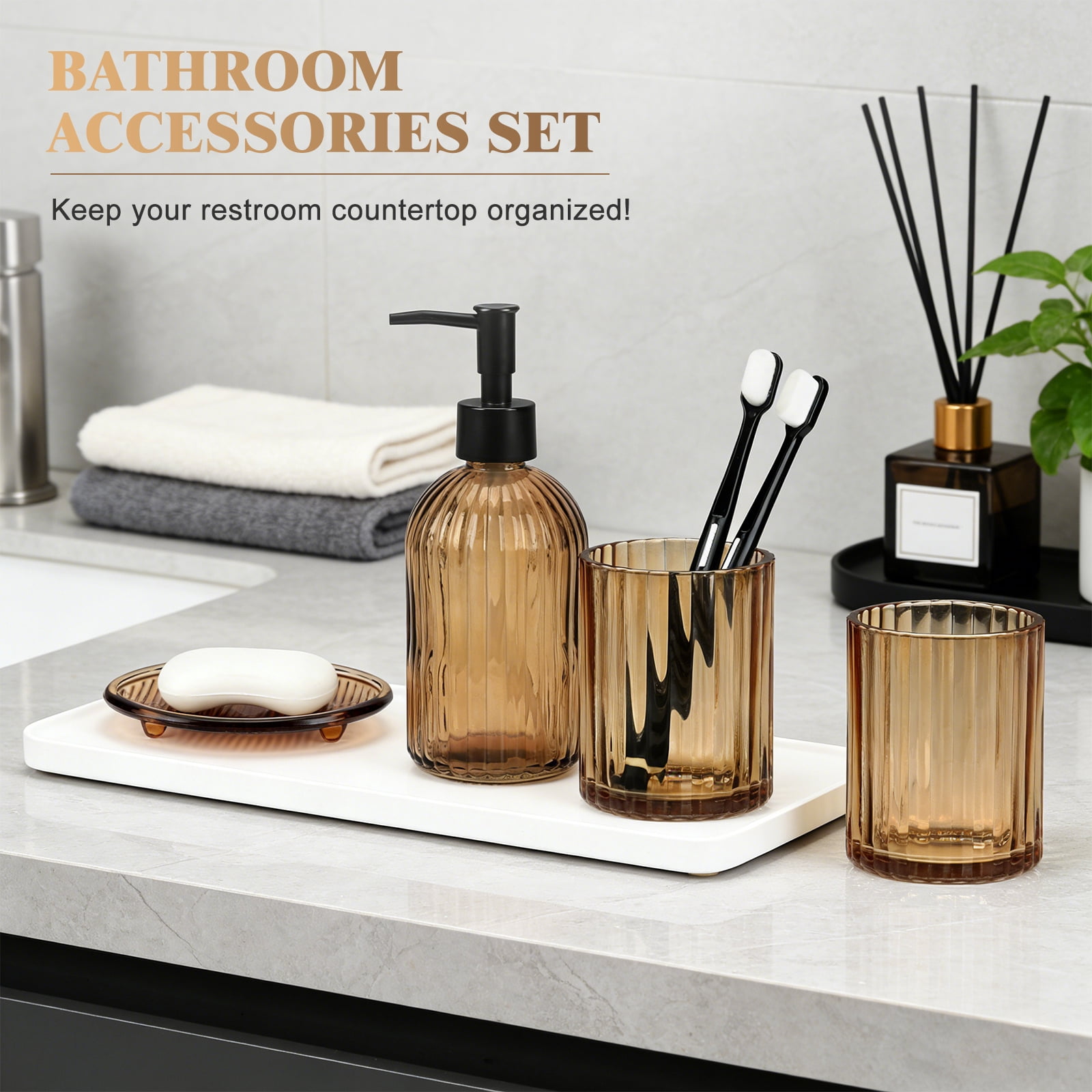 Bathroom Accessories Set, 4Pcs Bathroom Glass Soap Dispenser Set ,with Soap Dispenser , Soap Dish, Tumbler,Brown