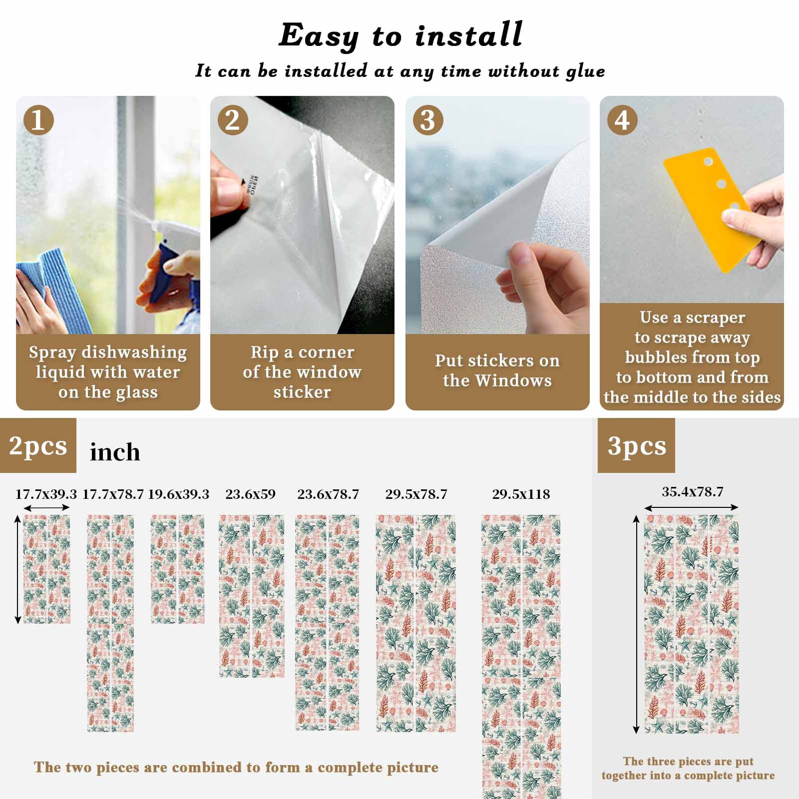 Coral Shell Window Privacy Film, Pink Green Red Coral Starfish Anchor Linen Texture Frosted Glass Window Clings Static Cling UV Heat Blocking Reusable Door Sticker for Bedroom 23.6x78.7 Inch