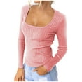 thumbnail image 1 of JUNWELL Women‘s Basic Square Neck Long Sleeve Solid Slim Fitted Ribbed T-Shirt Top Soft Comfy Tunic Tees Tops, 1 of 7