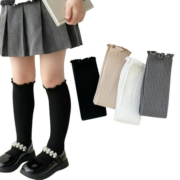 Godderr Kids Girls Knee High Socks 2 Pairs Solid Color high socks with Ruffle 3-12Y Long Stockings Non-Slip Socks Uniform Socks for Kids Toddler Baby
