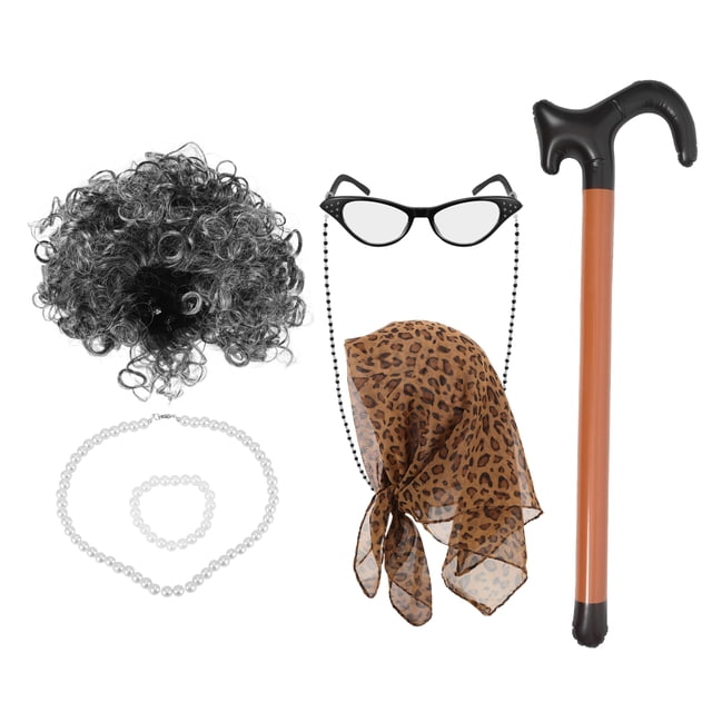 1 conjunto de peluca de anciana, peluca de abuela, peluca para personas mayores, peluca para actuaciones, gafas y collar.