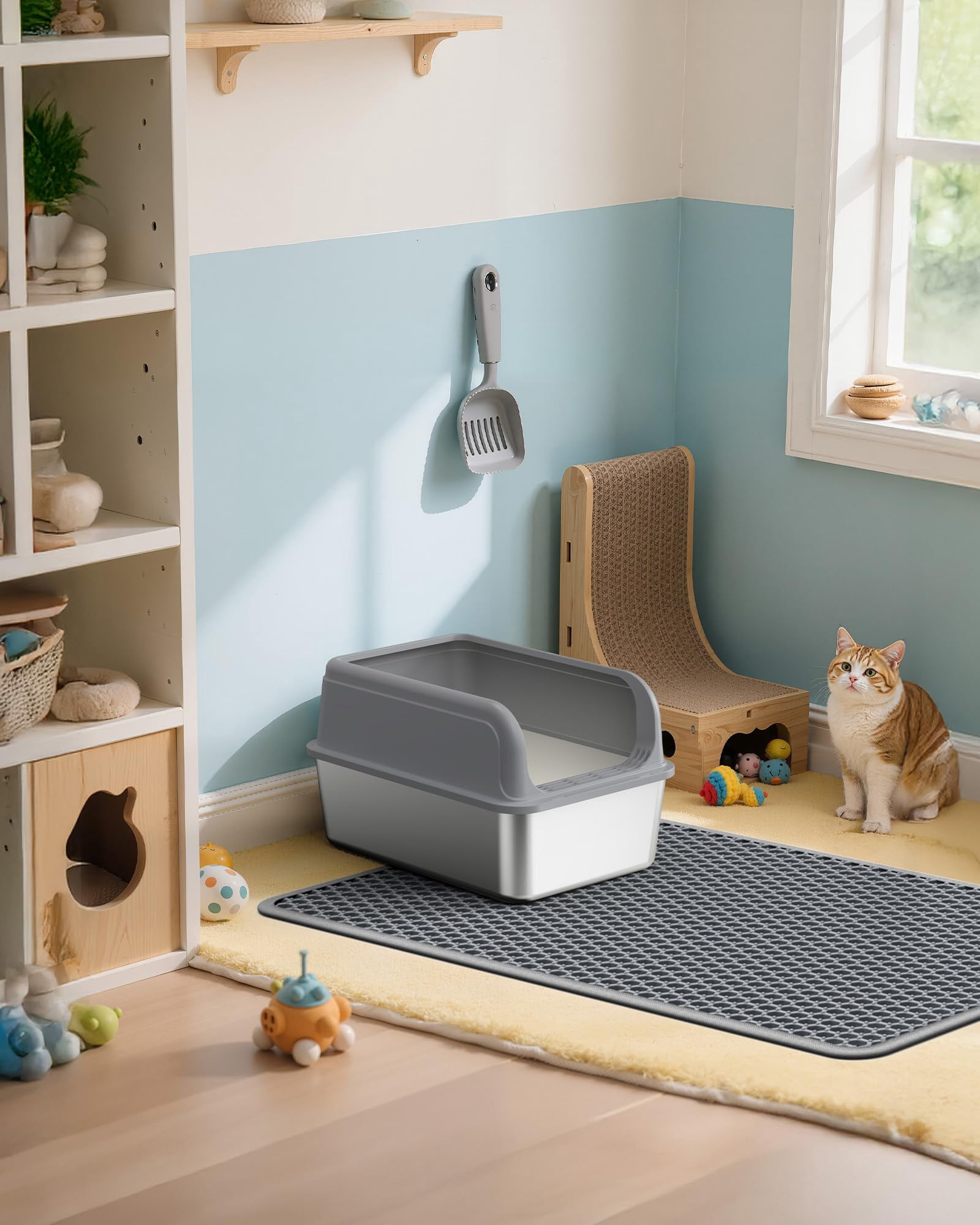 23" x 35" Cat Litter Mat - Ultra-Large Litter Box Mat with Double Layers, Urine-Proof and Non-Slip Litter Trapping Mat, Easy to Clean Kitty Litter Mats for Floor, Scatter Control, Grey