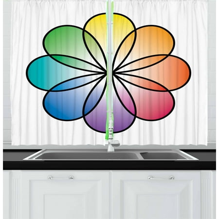 Rainbow Curtains 2 Panels Set, Flower of Life Design with Colorful Petals Eastern Chinese Feng Shui Themed Design, Window Drapes for Living Room Bedroom, 55W X 39L Inches, Multicolor, by