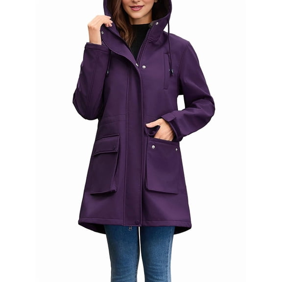 Women Waterproof Softshell Jackets Warm Fleece Lined Coats with Hood Long Rain Jacket Dark Purple M