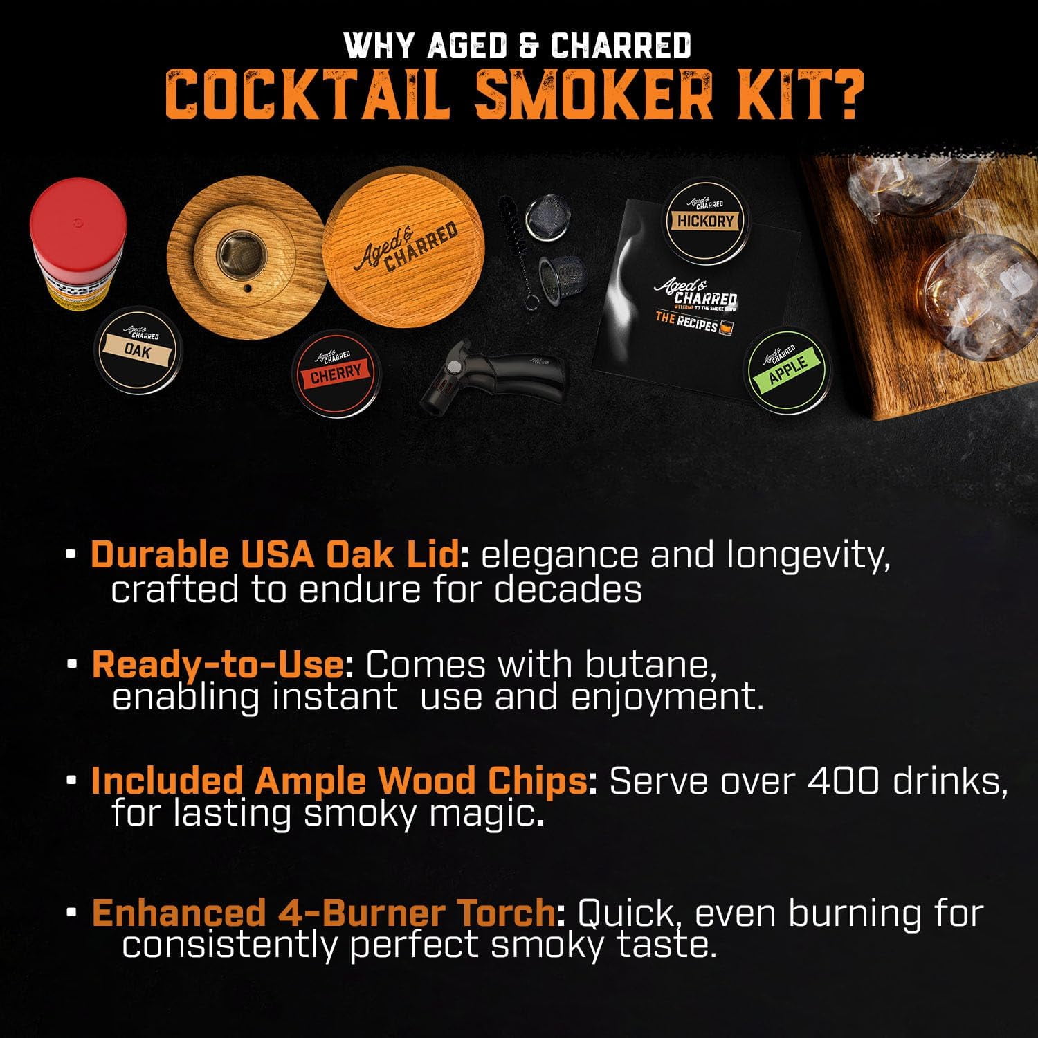  Cocktail Smoker Kit with Butane Torch Old Fashioned Cold  Smoker for Cocktail, Whiskey, Wine, Bourbon , Cheese, Meat and More,  Cocktail Smoking Kit Wood Shavings : Patio, Lawn & Garden