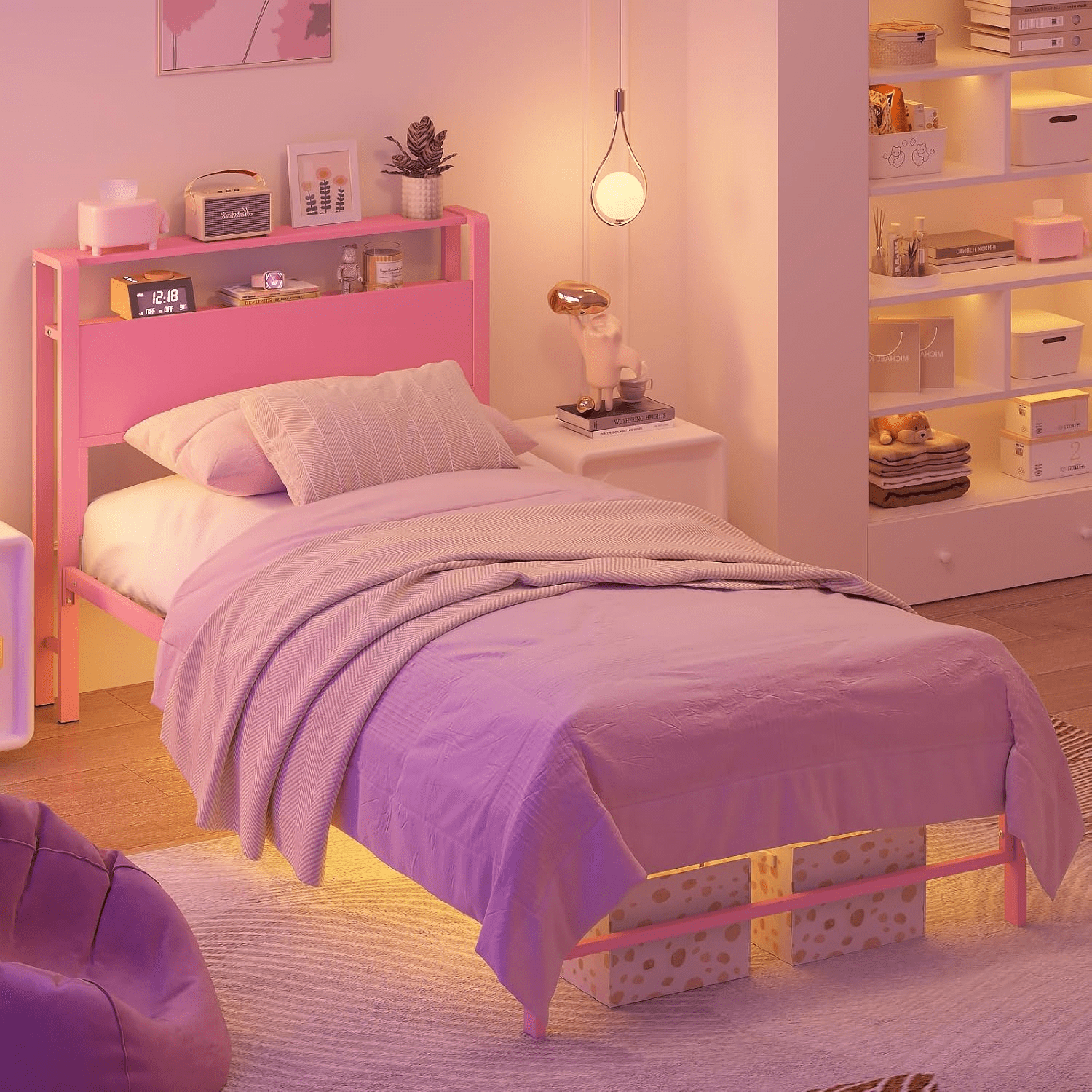 Yoneston Twin Kids Metal Bed Frame with 2-Tire Storage Headboard, Heavy Duty Platform Bed Frame Bedroom Furniture for Girls, Pink