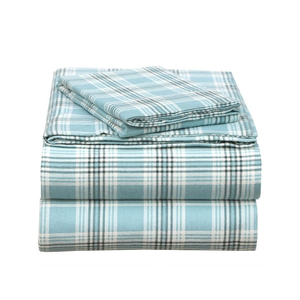 EnvioHome 160 GSM Cotton Flannel Sheet Set - Twin XL, Green Plaid