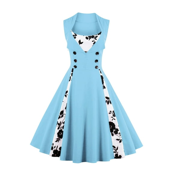 Sentmoon Patchwork Cocktail V Neck Holiday Dresses for Women Vintage Audrey Hepburn Style Short Dresses,Loose Flowy Fashion Womens Fashion Light blue XL